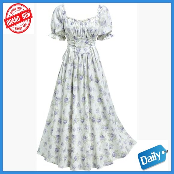 Dresses & Skirts - Plus Size Midi Dress with Square Neck Ruffles Floral Print Cottagecore Summer